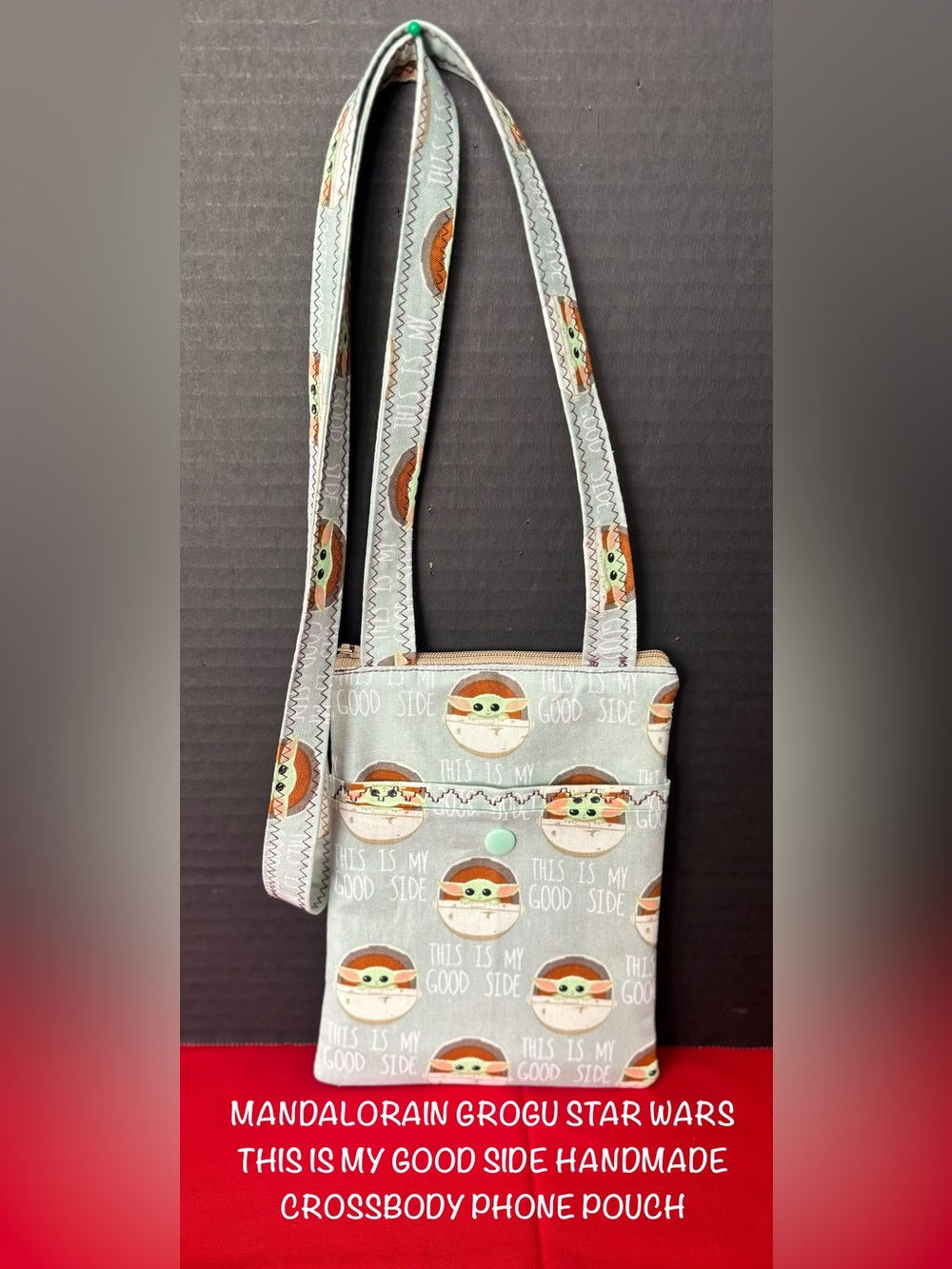 Mandalorin Grogu Star Wars Gray Mint Green Handmade Crossbody Phone Pouch